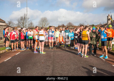 Carrigaline, Cork, Irlanda. 17 Febbraio, 2019. I partecipanti preparano per impostare su OFF nell'annuale Tommy Ryan Memorial cinque miglia di corsa su strada a Carrigaline, Co. Credito di sughero: David Creedon/Alamy Live News Foto Stock