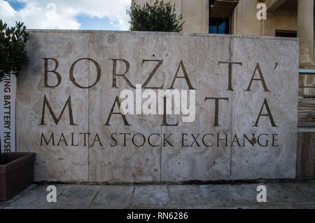 La Valletta, Malta. Xvi Feb, 2019. Il segno per la Borsa di Malta a La Valletta, Malta. Credito: Sachelle Babbar/ZUMA filo/Alamy Live News Credito: ZUMA Press, Inc./Alamy Live News Credito: ZUMA Press, Inc./Alamy Live News Credito: ZUMA Press, Inc./Alamy Live News Foto Stock