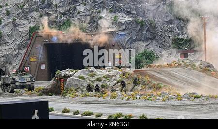 Abu Dhabi, negli Emirati Arabi Uniti. Xvii Feb, 2019. I membri degli Emirati Arabi Uniti (EAU) Forze Armate eseguire durante un trapano militare all'apertura di un International Defence Exhibition in Abu Dhabi, Emirati arabi uniti, Feb 17, 2019. Xiv International Defence Exhibition and Conference e il quinto la difesa navale e la sicurezza marittima mostra aperta domenica ad Abu Dhabi. Per la prima volta le due mostre sono state tenute insieme con lo scopo di creare una esauriente evento globale che copre tutte le questioni della difesa e della sicurezza. Credito: Mohamad Badreddine/Xinhua/Alamy Live News Foto Stock