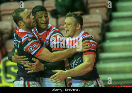 17 febbraio 2019 , DW Stadium, Wigan, Inghilterra; Betfred World Club Challenge, Wigan Warriors vs Sydney Galli ; Daniel Tupou di Sydney Galli celebra la sua prova a credito: Craig Milner/news immagini Foto Stock