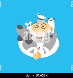 Medico Veterinario con animali domestici, gatto, cane, mouse, bird, ferret e coniglio. Illustrazione Vettoriale