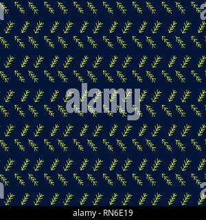 Vector mimando folk cuciture a spina di pesce ripetere seamless pattern. Luce verde mano disegnato linee tribali e strisce, su sfondo blu scuro. Illustrazione Vettoriale