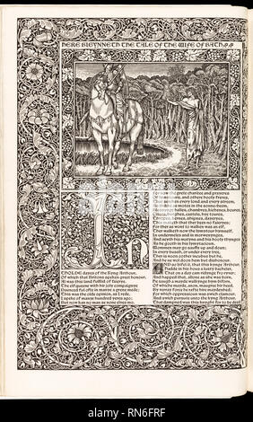 "Le opere di Geoffrey Chaucer adesso nuovamente impresso' di Geoffrey Chaucer (1343-1400) dotate di xilografie da Edward Burne-Jones (1833-1898) e stampati su Batchelor carta fatta a mano, pubblicato da Kelmscott premere nel 1896. Foto Stock