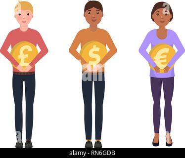 La gente in attesa delle monete in euro, dollaro, euro, sterline, felice di caratteri in un grazioso stile Illustrazione Vettoriale