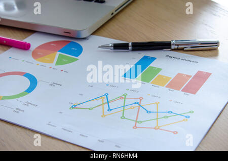 Documenti aziendali, grafici sulla scrivania e computer Foto Stock