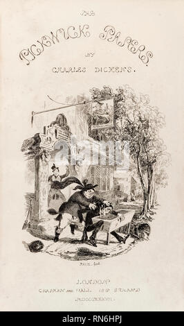The Postumous Papers of the Pickwick Club, noto anche come The Pickwick Papers, Title page con un'illustrazione dell'artista britannico Hablot Knight Browne (Phiz) (1815-1882 di Charles Dickens' (1812-1870), celebre fumetto originariamente pubblicato in formato seriale mensile. Fotografia di un'edizione originale del libro della prima edizione del 1837. Crediti: Collezione privata / AF fotografie Foto Stock