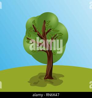 Albero con foglie e corona verde. Tree ombra e sfondo cielo con glade Illustrazione Vettoriale