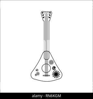 Lineare strumento musicale balalaika con ornamenti floreali. Folk musica russa. Contorno nero oggetto isolato su uno sfondo bianco. Musica di linea Illustrazione Vettoriale