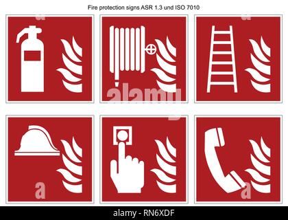 Protezione antincendio segno vettore collezione DIN 7010 e ASR 1.3 isolati su sfondo bianco Illustrazione Vettoriale