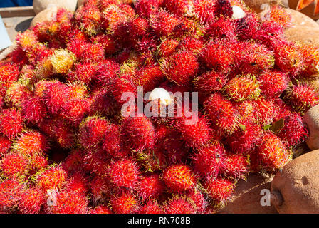 Rambutan, Nephelium Lappaceum, frutti esotici al mercato di tlacolula, oaxaca, Messico Foto Stock