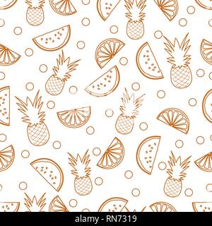 Modello senza cuciture con ananas, fettine di arancia e di anguria fette. La frutta tropicale. Estate sfondo. Illustrazione Vettoriale