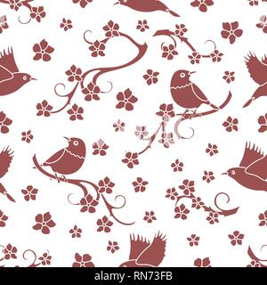 Modello senza cuciture con rami sakura, uccelli. In Giappone la natura. Rami di fiori di ciliegio. Design per scheda, annuncio, pubblicità, banner o stampare Illustrazione Vettoriale
