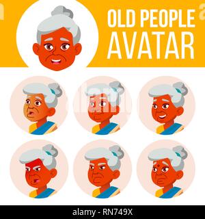 Indian vecchia donna Avatar impostare vettore. Affrontare le emozioni. Senior persona ritratto. Le persone anziane. Età. Bellezza e stile di vita. Fumetto illustrazione della testa Illustrazione Vettoriale