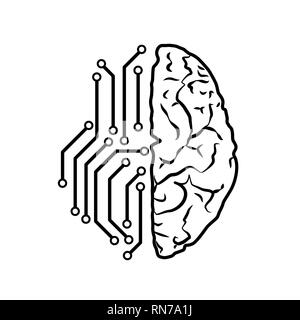 Cervello umano con chip elettronico tracce sul emisfero sinistro, intelligenza artificiale concetto isolato su bianco Illustrazione Vettoriale