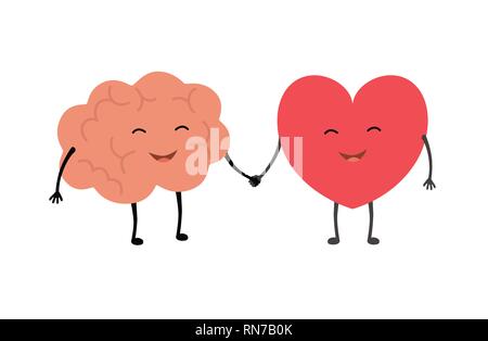 Il cervello e il cuore handshake. Concetto di vettore illustrazione di un lavoro di squadra tra mente e sentimenti Illustrazione Vettoriale