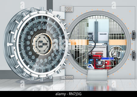 Elettrodomestici e apparecchi da cucina all'interno di caveau della banca, garanzia e il concetto di protezione, rendering 3D Foto Stock