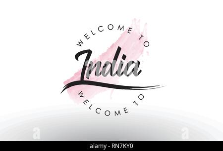 India Benvenuti al testo con il colore rosa acquerello Pennello illustrazione vettoriale. Illustrazione Vettoriale