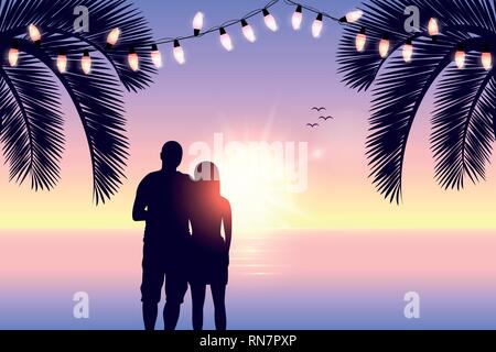Matura in amore romantico silhouette giorno su Paradise beach illustrazione vettoriale EPS10