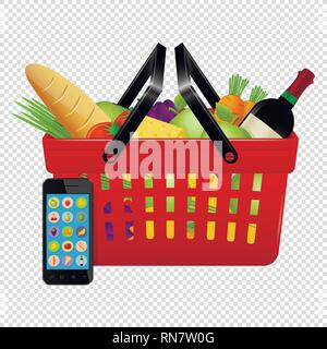 Shopping online. Carrello con gli alimenti e il telefono cellulare isolato su sfondo trasparente. Illustrazione Vettoriale