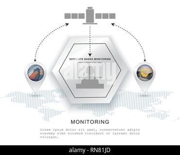 Icone di logistica. Sistemi telematici. Puntare twith carri merci, carrello sulla mappa. Uomo seduto sul computer Illustrazione Vettoriale