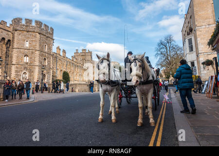 Un carro trainato da cavalli al di fuori del Castello di Windsor tirato da due cavalli bianchi è popolare con i turisti e offre passeggiate intorno a Windsor. Foto Stock