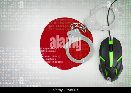 Bandiera del Giappone e ammanettato retroilluminato moderno il mouse del computer. Concetto creativo della lotta contro la criminalità informatica, hacker e la pirateria Foto Stock
