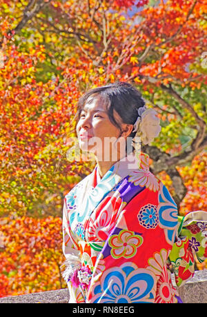 Donna giapponese di indossare il kimono a Kyoto in autunno. Foto Stock