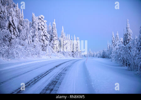 Neve e ghiaccio coperto di alberi in Lapponia, Finlandia Foto Stock
