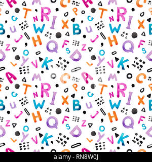 Colorato alfabeto acquerello seamless pattern dipinto a mano luminoso lettere abc Foto Stock