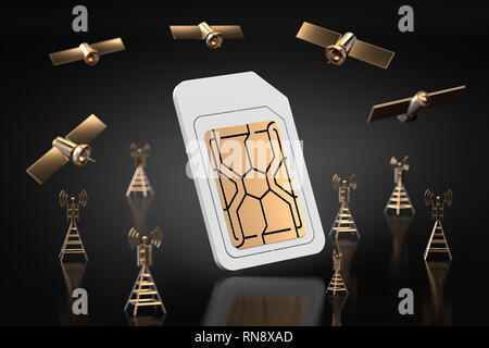 Trasferimento dati ad alta velocità concetto. Scheda Sim circondato con una rete di torri e satelliti. Isolato su sfondo scuro. Il rendering 3D Foto Stock