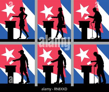 Cittadini cubani il voto per le elezioni a Cuba. Tutti gli oggetti di silhouette e gli sfondi sono in diversi strati. Illustrazione Vettoriale