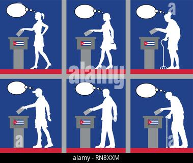 Cittadini cubani il voto per le elezioni a Cuba con bolle di pensiero. Tutti gli oggetti di silhouette e gli sfondi sono in diversi strati. Illustrazione Vettoriale