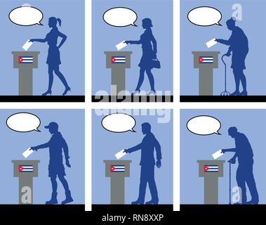 Cittadini cubani il voto per le elezioni a Cuba con il discorso di bolla. Tutti gli oggetti di silhouette e gli sfondi sono in diversi strati. Illustrazione Vettoriale