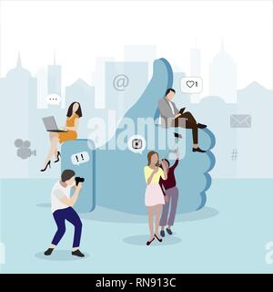 Social media un concetto di rete. Come simbolo e persone. Illustrazione dei social media network, comunità online come e messenger, pollice in alto come pulsante Illustrazione Vettoriale