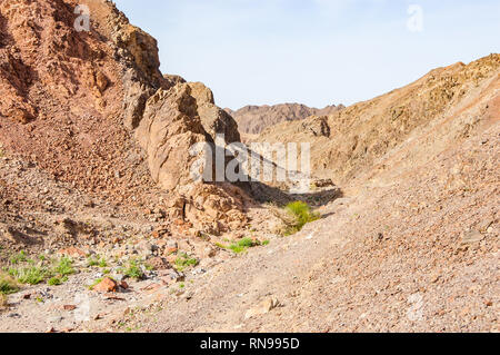 Il percorso o il percorso a piedi, via attraverso il giallo rosso paesaggi rocciosi di Eilat deserto in Israele Foto Stock