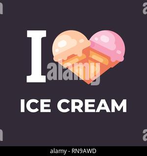 Io amo il gelato illustrazione piana. Due coni gelato a forma di cuore Illustrazione Vettoriale
