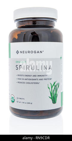 Winneconne, WI - 14 Febbraio 2019: una bottiglia di organico Neurogan spirulina supplemento su un sfondo isolato Foto Stock