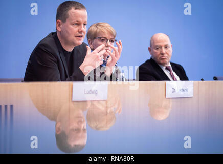 Berlino, Germania. 18 Febbraio, 2019. Klaus Lederer (l), il senatore per la cultura e per l'Europa di Berlino, Gregor Gysi (r), presidente della sinistra europea, e Gabi Zimmer, presidente del gruppo GUE/NGL nel Parlamento europeo, prenderà parte alla conferenza stampa su "Sì: siamo Europei - Proposte per un'Europa della giustizia sociale e della parità di condizioni di vita". Credito: Kay Nietfeld/dpa/Alamy Live News Foto Stock