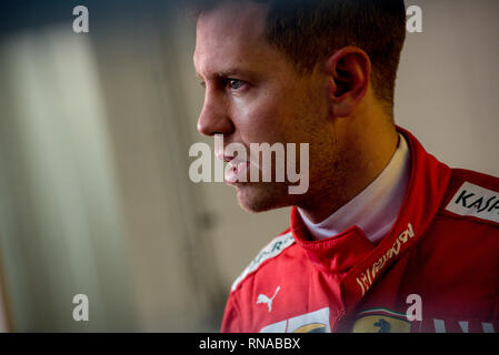 Montmelo, Barcelona, Spagna. 18 Febbraio, 2019. Sebastian Vettel (Ferrari) presso il Circuit de Catalunya a Montmelò (provincia di Barcellona). Credito: Jordi Boixareu/Alamy Live News Foto Stock