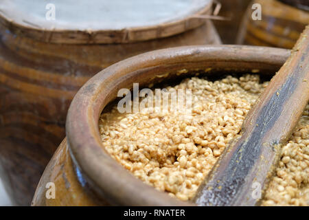 Salate pasta di fagioli di soia fermentati in barattolo. produzione di soia Foto Stock