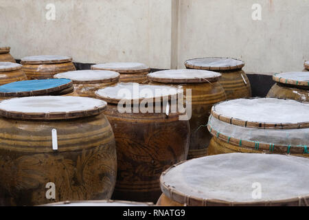 Salate pasta di fagioli di soia fermentati in barattolo. produzione di soia Foto Stock