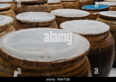 Salate pasta di fagioli di soia fermentati in barattolo. produzione di soia Foto Stock