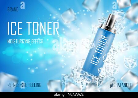 Raffreddamento del toner di ghiaccio con cubetti di ghiaccio. Congelati realistico spray rinfrescante bottiglia annuncio di imballaggio. Cura della Pelle face toner design di prodotto. 3d illustrazione vettoriale Illustrazione Vettoriale