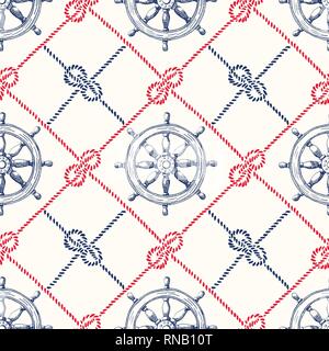 Diagonale Hand-Drawn Plaid con funi di vela, Zeppelin Knotsand Nave Volante Vector Seamless Pattern. Blu e Rosso nautico Backrgound Marine Illustrazione Vettoriale