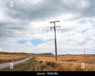 I poli di alimentazione linee su un dissigillato strada di ghiaia, Tussock Country, stazione Ngamatea, navigazione Mokai Patea, Central North Island, Nuova Zelanda Foto Stock