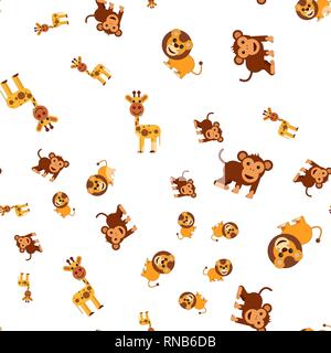 Modello senza giunture delle giraffe di Lion e di scimmia. Illustrazione Vettoriale in stile cartoon. Illustrazione Vettoriale