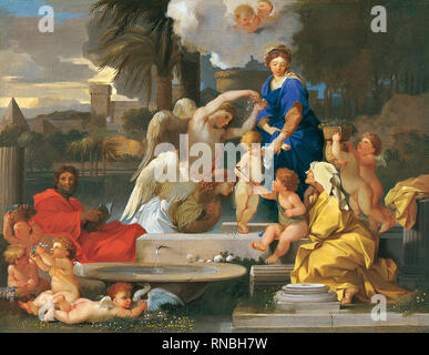 Sébastien Bourdon (Montpellier, 1616 - Parigi, 1671). La Santa Famiglia con santa Elisabetta e il Bambino San Giovanni Battista (ca. 1653 - 1657). Olio su tela. 39 x 50 cm. Museo: Museo Nacional Thyssen-Bornemisza, Madrid. Foto Stock