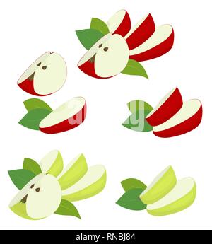 Apple frutto rosso e verde. Apple trimestre, fette e foglia di apple isolati su sfondo bianco. Mele illustrazione vettoriale set isolato su bianco Illustrazione Vettoriale