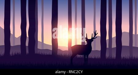 Lonely wildlife renne nella foresta viola la natura paesaggio con sole Illustrazione Vettoriale