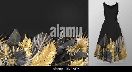 Disegnata a mano realistico rami e foglie di piante tropicali. Linea di vivaci foglie orizzontali pattern. L'oro nero frontiere senza soluzione di continuità su abito mockup. Illustrazione Vettoriale